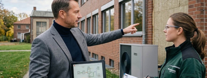 Energieberater und Facility Managerin besprechen die energetische Sanierung eines Industriegebäudes mit Wärmepumpe und Fassadendämmung.