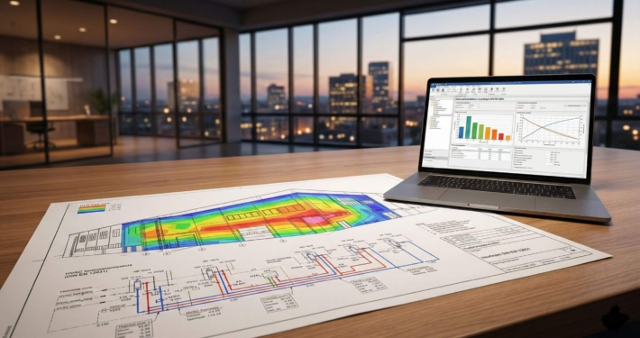 Technische Heizlastberechnung nach DIN EN 12831 für ein Industriegebäude auf einem Schreibtisch mit Laptop und Blaupause im modernen Büro bei Dämmerung.