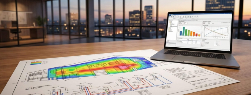 Technische Heizlastberechnung nach DIN EN 12831 für ein Industriegebäude auf einem Schreibtisch mit Laptop und Blaupause im modernen Büro bei Dämmerung.