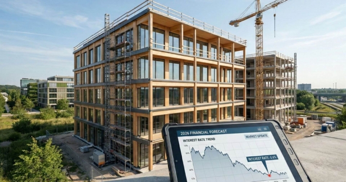 Moderner Holz-Hybrid-Neubau mit Baukran und Tablet im Vordergrund, das die KfW-Zinssenkung auf 0,6 Prozent im März 2026 zeigt.