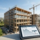 Moderner Holz-Hybrid-Neubau mit Baukran und Tablet im Vordergrund, das die KfW-Zinssenkung auf 0,6 Prozent im März 2026 zeigt.