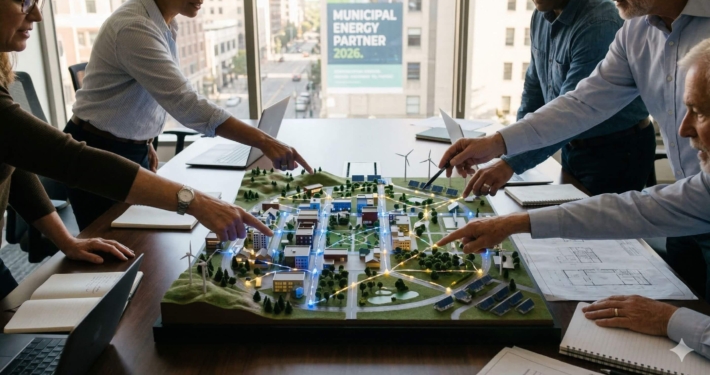 Fachkräfte und Entscheider planen an einem Stadtmodell mit leuchtendem Energienetz die regionale Energieunabhängigkeit 2026.