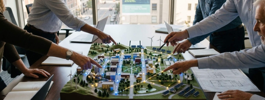 Fachkräfte und Entscheider planen an einem Stadtmodell mit leuchtendem Energienetz die regionale Energieunabhängigkeit 2026.
