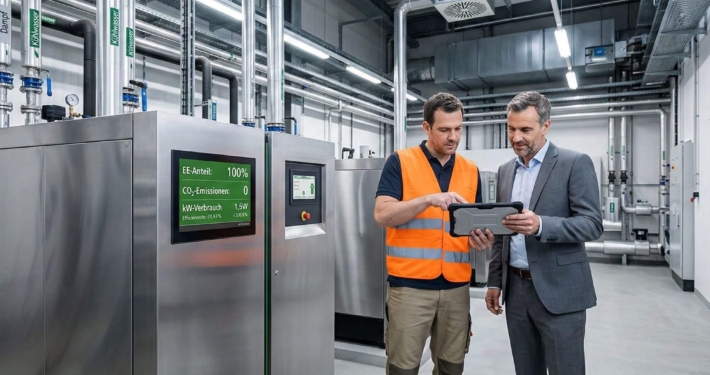 Energieberater und Industrie-Entscheider planen die Elektrifizierung der Prozesswärme an einem modernen E-Dampferzeuger.