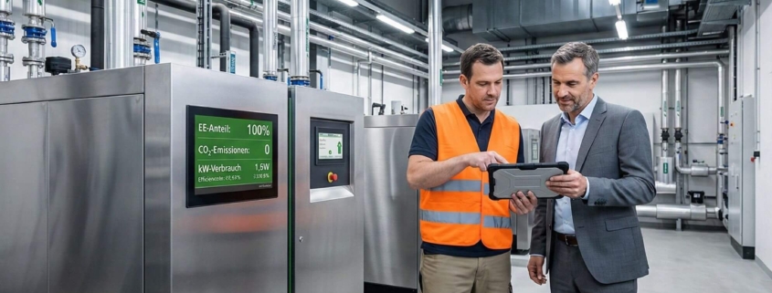 Energieberater und Industrie-Entscheider planen die Elektrifizierung der Prozesswärme an einem modernen E-Dampferzeuger.