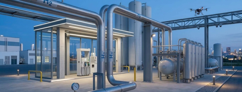 Moderne Wasserstoff-Verteilerstation mit silbernen H2-Rohrleitungen und Tanks in einer futuristischen Industrielandschaft zur blauen Stunde.