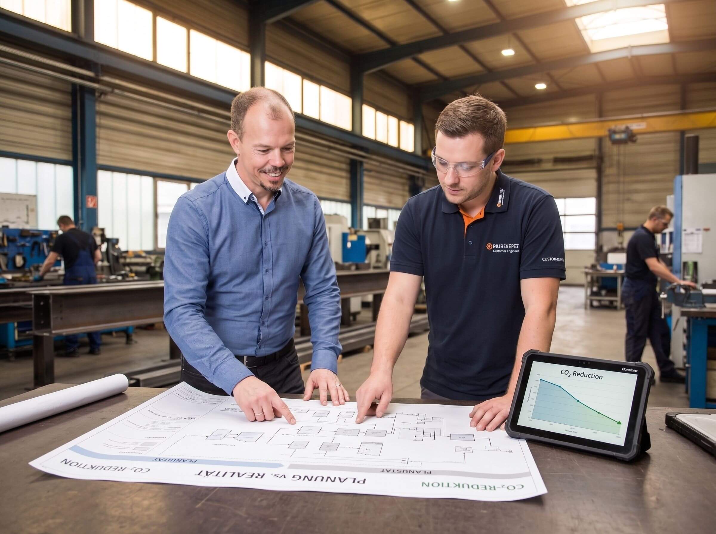 Strategische Beratung zur Dekarbonisierung für Unternehmen und Kommunen durch die Cornelius Ober GmbH vor einer modernen Industrieanlage mit PV-Modulen.