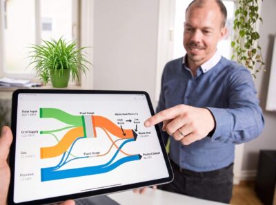 Ein Energieberater zeigt auf einem Tablet ein Sankey-Diagramm zur Visualisierung von Energieflüssen und Abwärme-Optimierung.