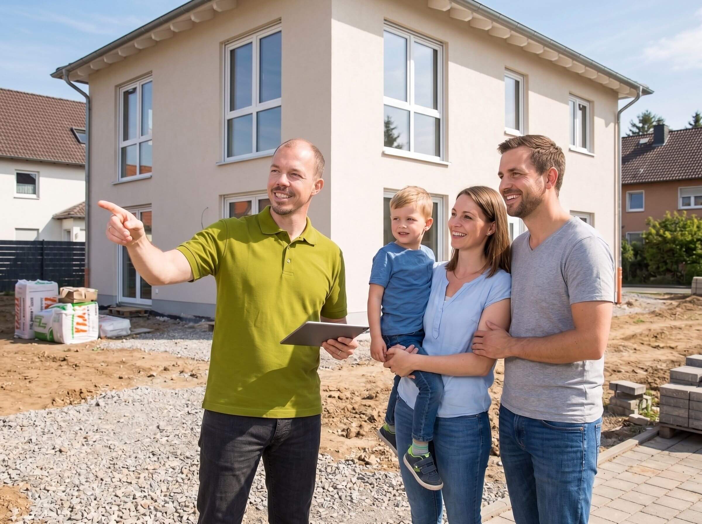 Energieberater der Cornelius Ober GmbH bei der professionellen Baubegleitung eines modernen Wohngebäudes im Beratungsgespräch mit einer Familie.