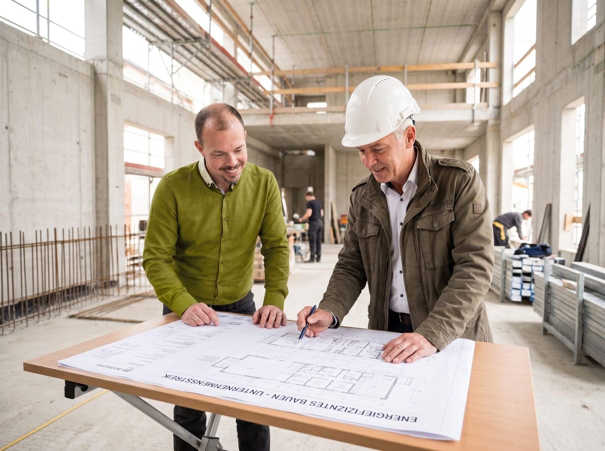 Experten der Cornelius Ober GmbH bei der gemeinsamen Planprüfung für ein energieeffizientes Unternehmens-Neubauprojekt.