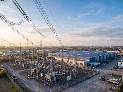 Umspannwerk mit Hochspannungsleitungen vor Industriehalle mit Photovoltaikdach