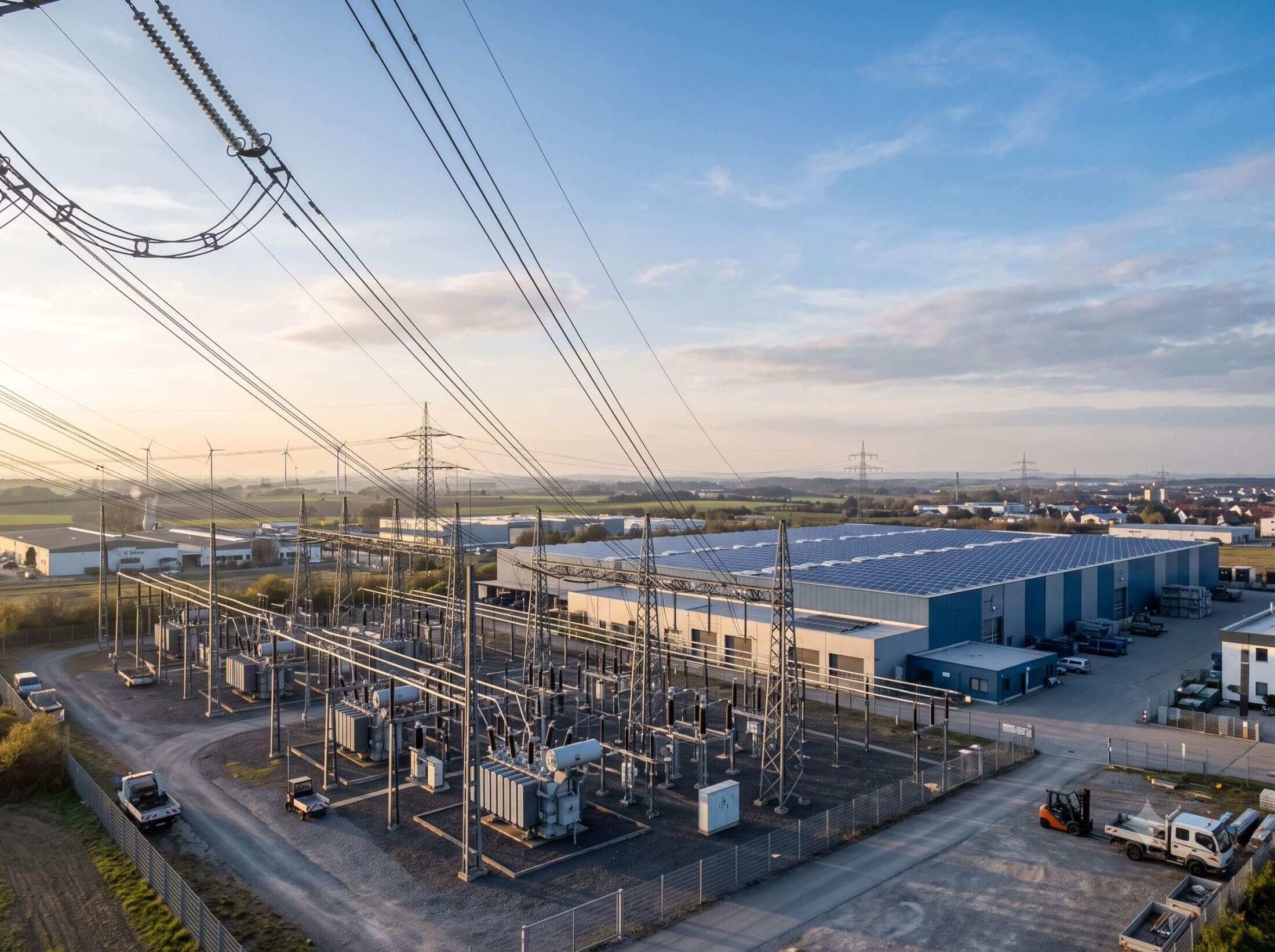 Umspannwerk mit Hochspannungsleitungen vor Industriehalle mit Photovoltaikdach