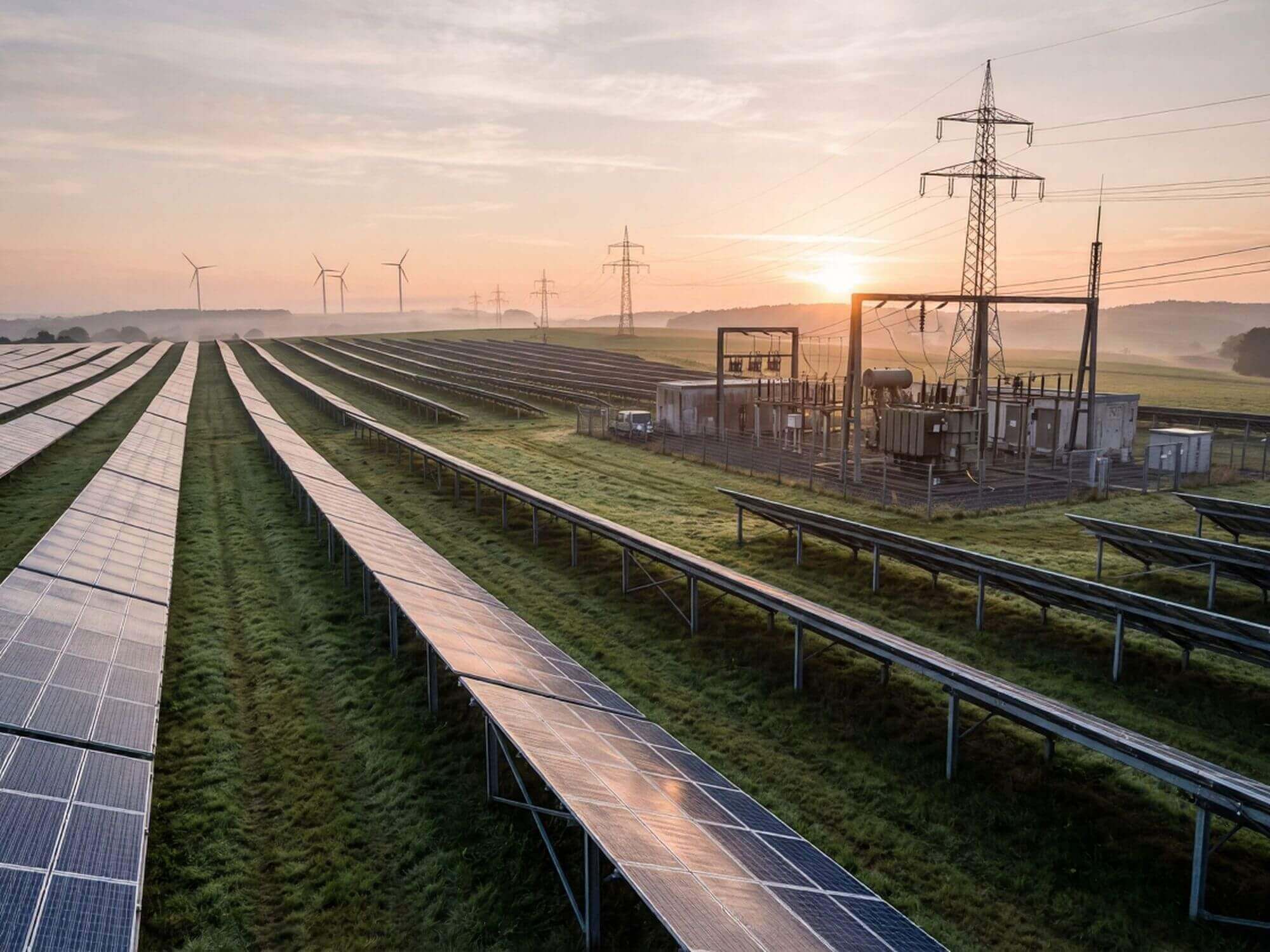 Freiflächen-Photovoltaikanlage mit Umspannwerk und Windrädern im Morgenlicht