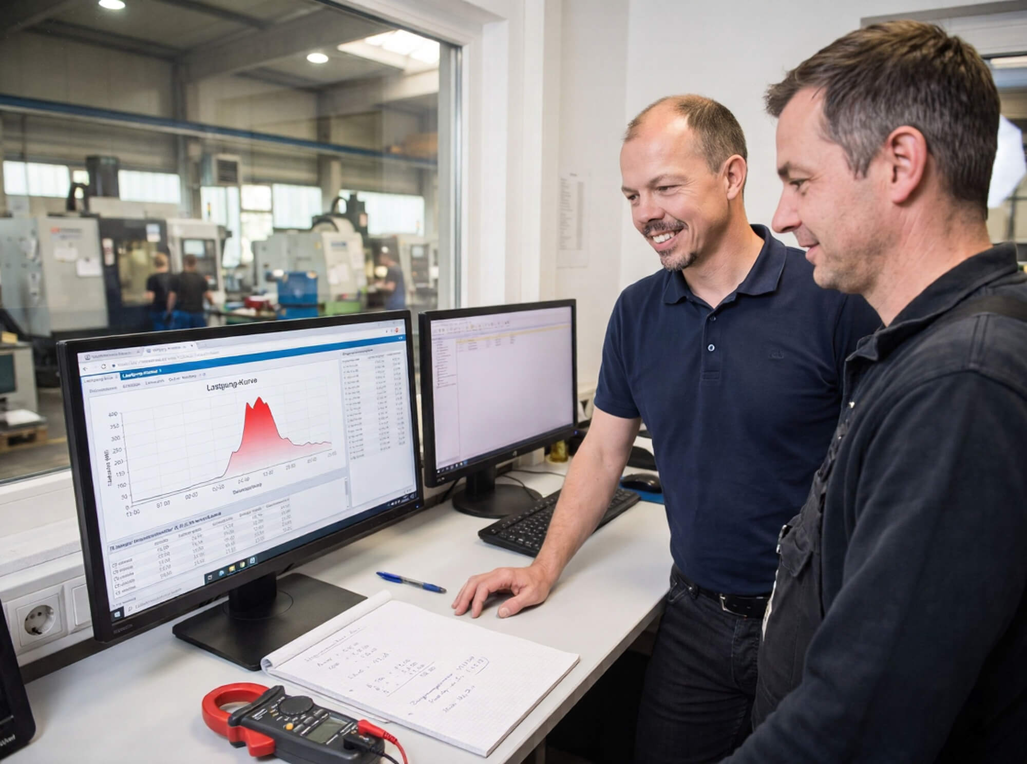 Qualifizierter Energieberater analysiert mit Betriebsleiter den Lastgang zur Reduzierung von Lastspitzen