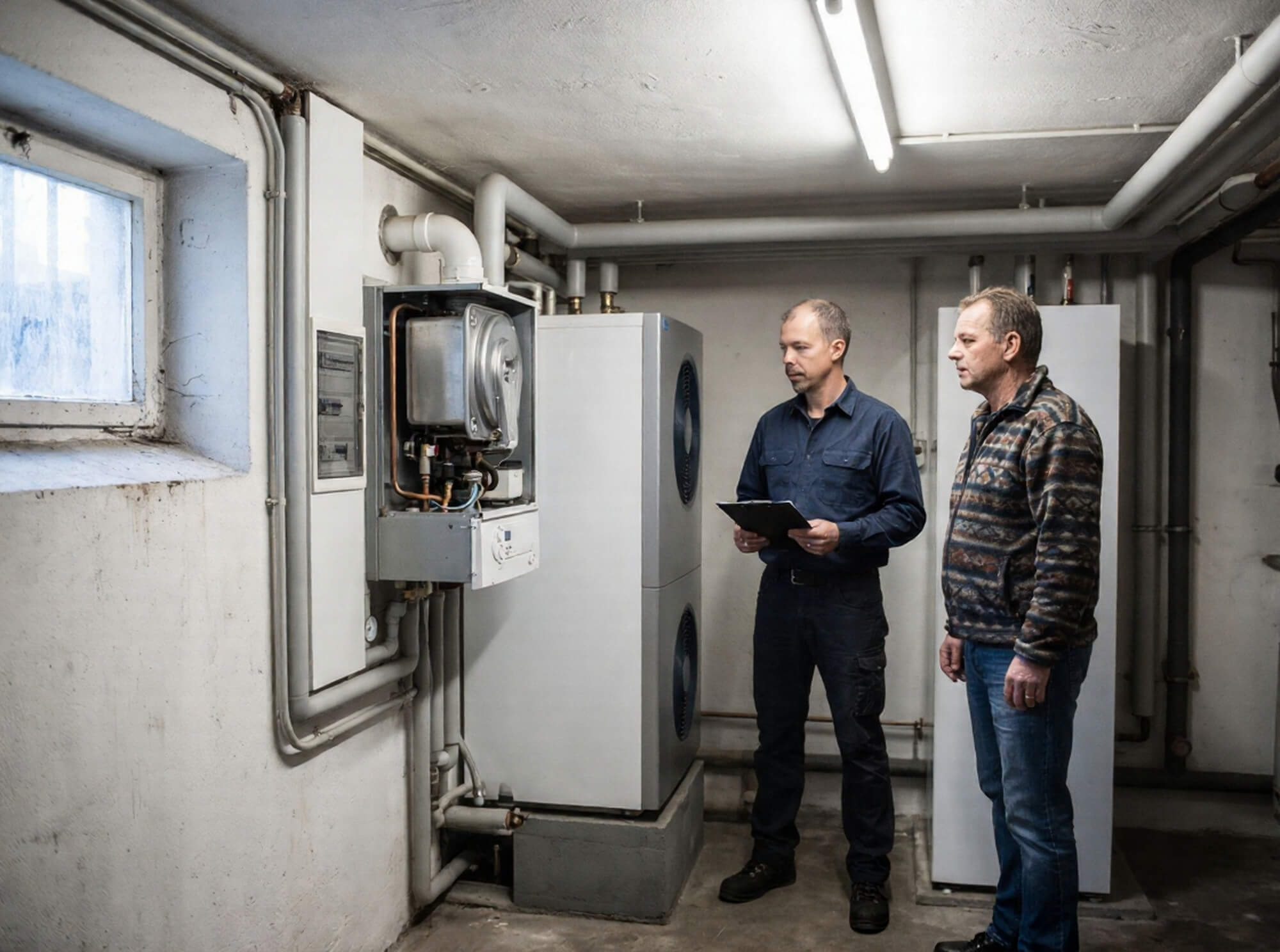 Qualifizierter Energieberater bespricht mit Firmeninhaber die Heizungsanlage im Gewerbegebäude nach GModG-Beschluss