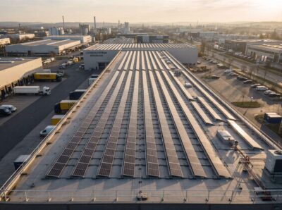 Photovoltaikanlage auf dem Flachdach einer Logistikhalle im Gewerbegebiet