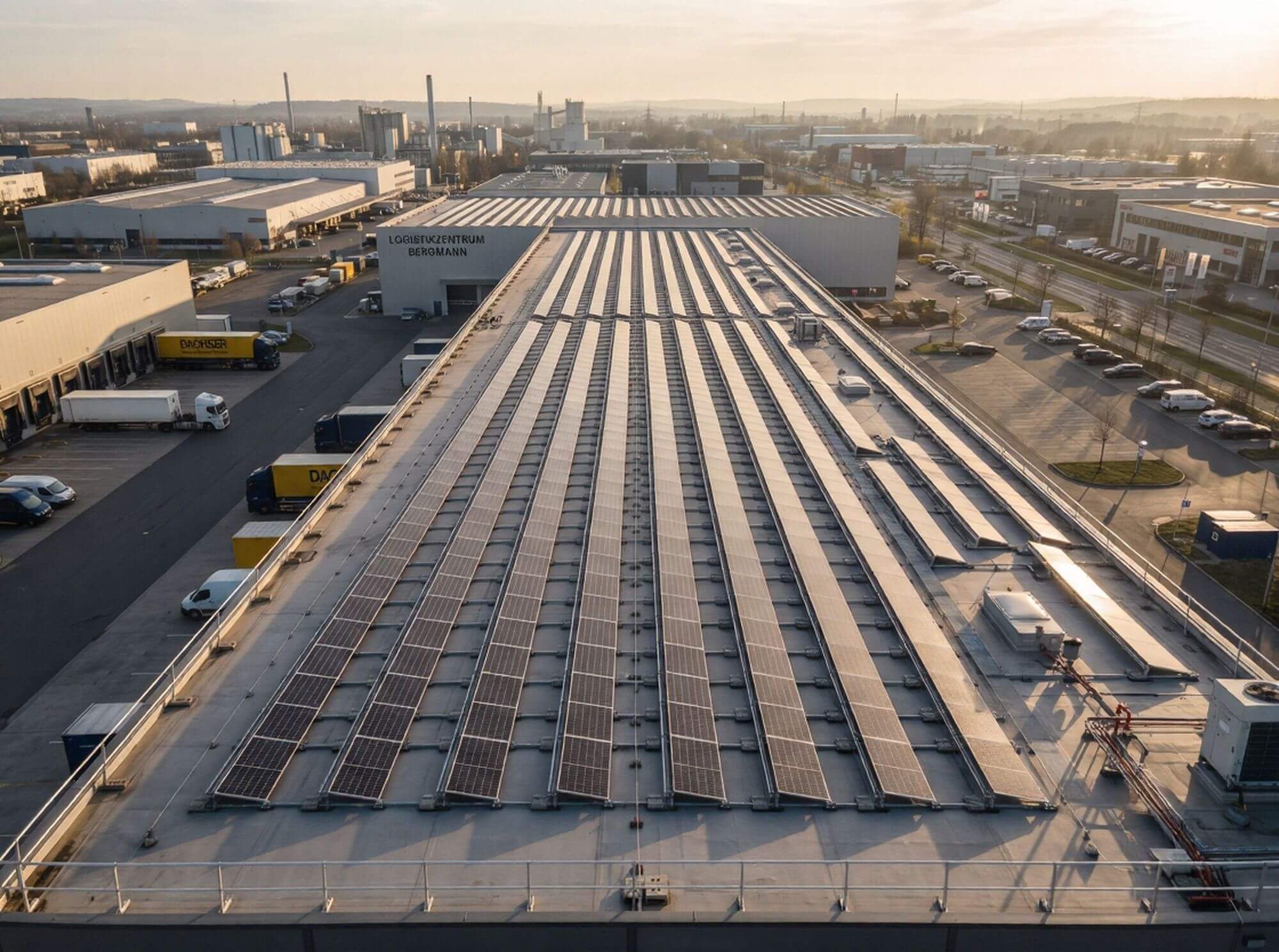 Photovoltaikanlage auf dem Flachdach einer Logistikhalle im Gewerbegebiet