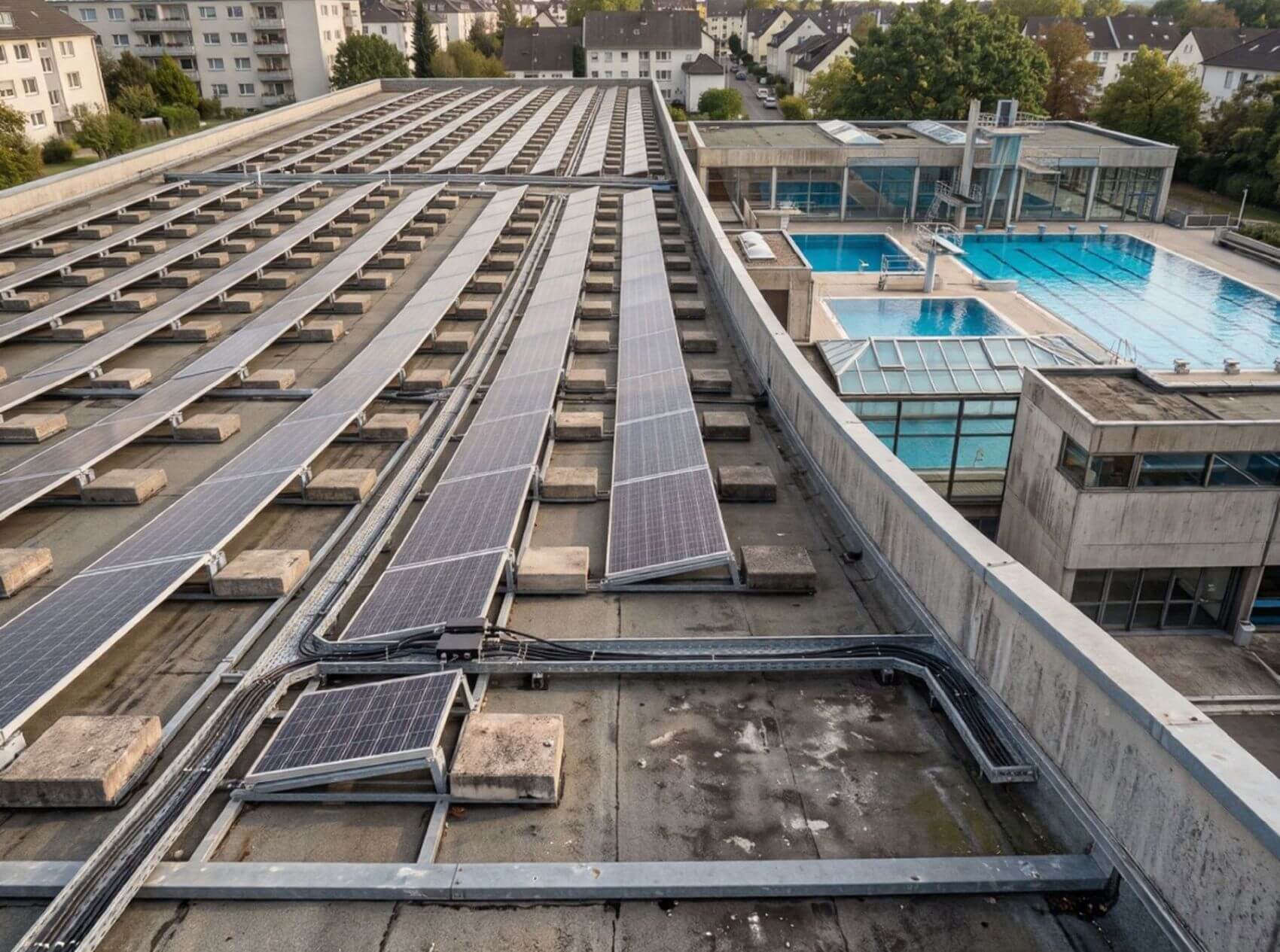 Photovoltaikanlage auf dem Flachdach einer kommunalen Schwimmhalle als Eigenverbrauchsanlage