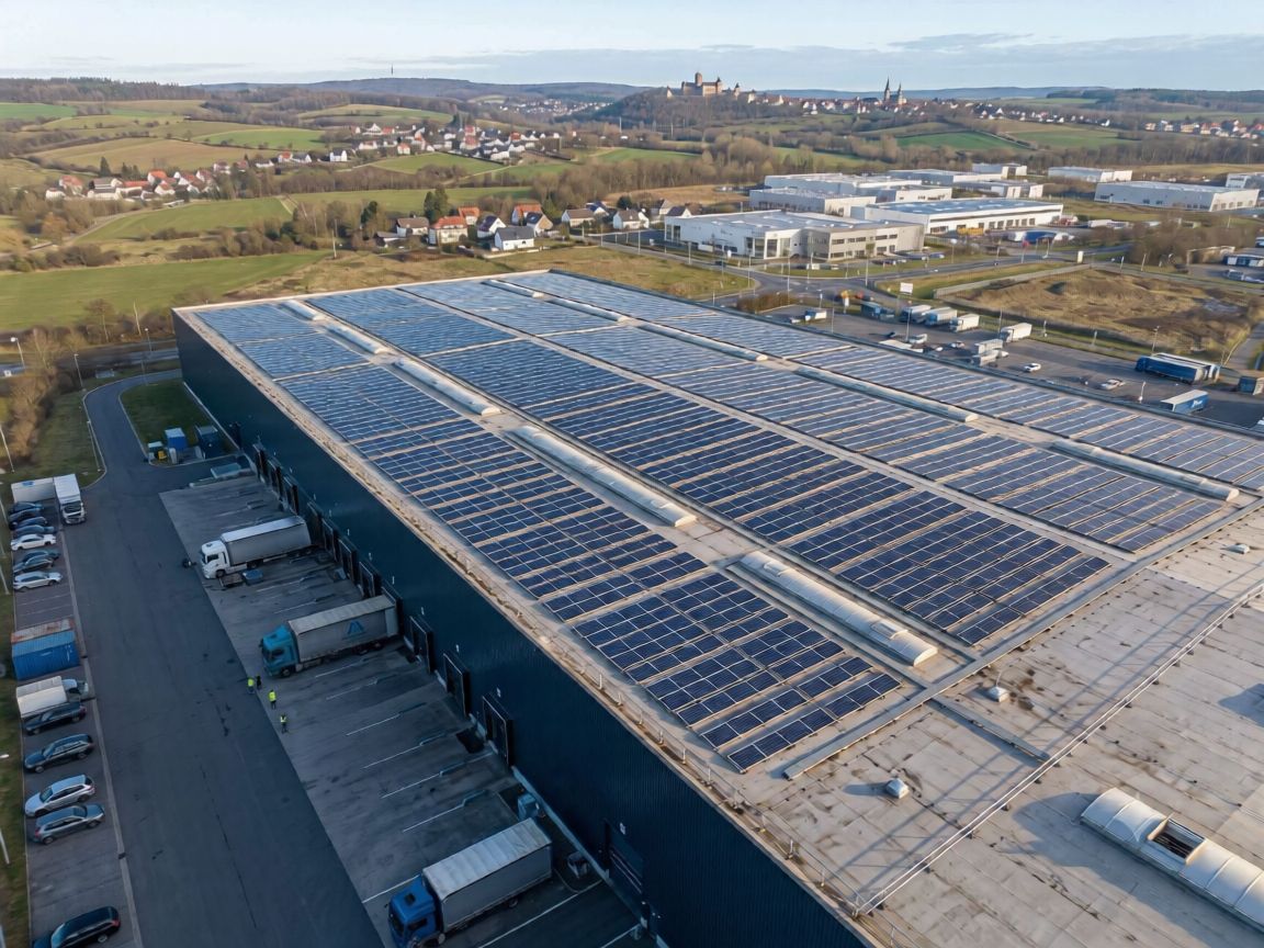 Luftaufnahme einer Gewerbehalle mit großer Photovoltaik-Dachanlage im Industriegebiet