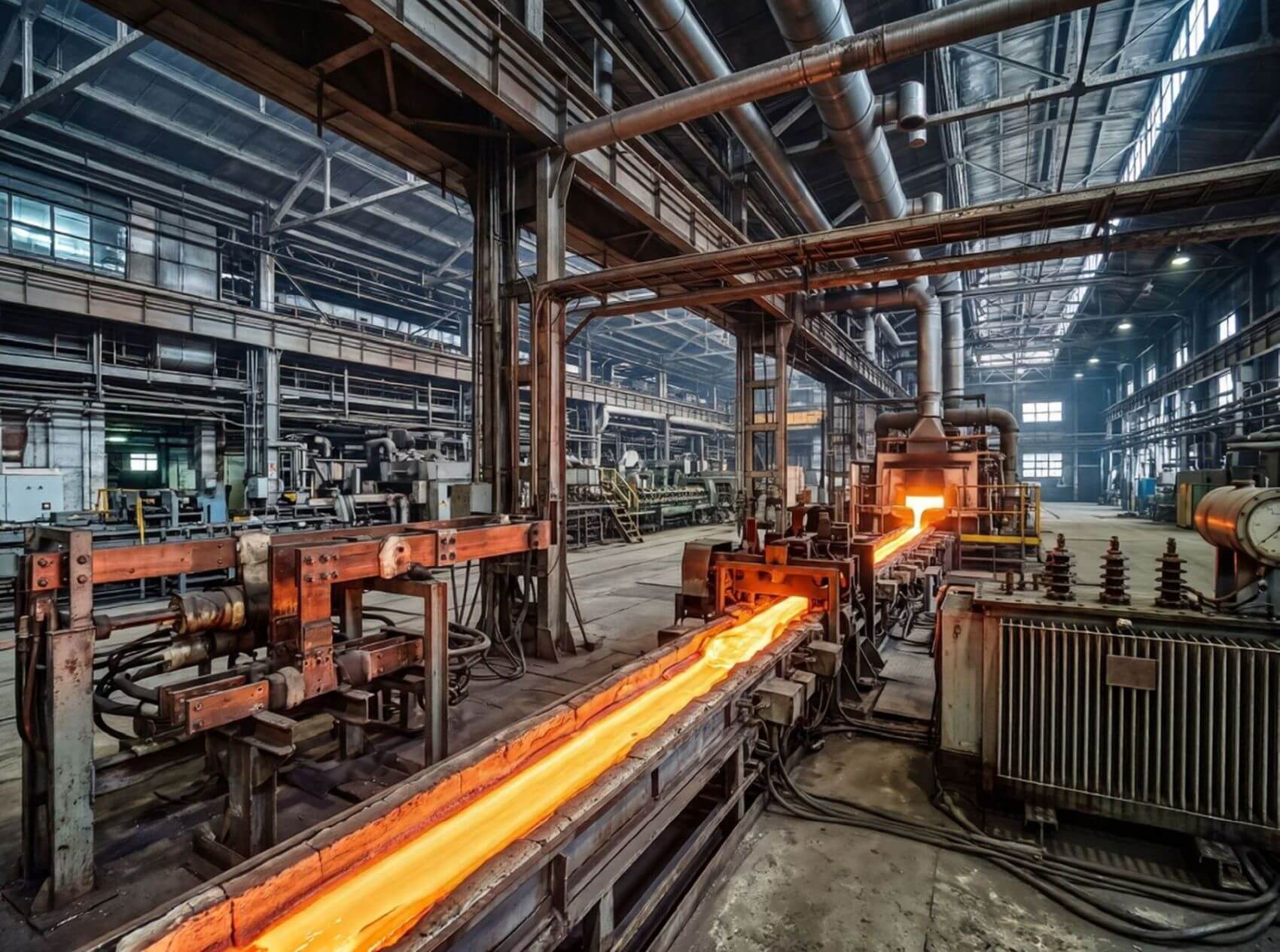 Glühende Glasschmelzlinie mit Stromschienen in einer energieintensiven Produktionshalle