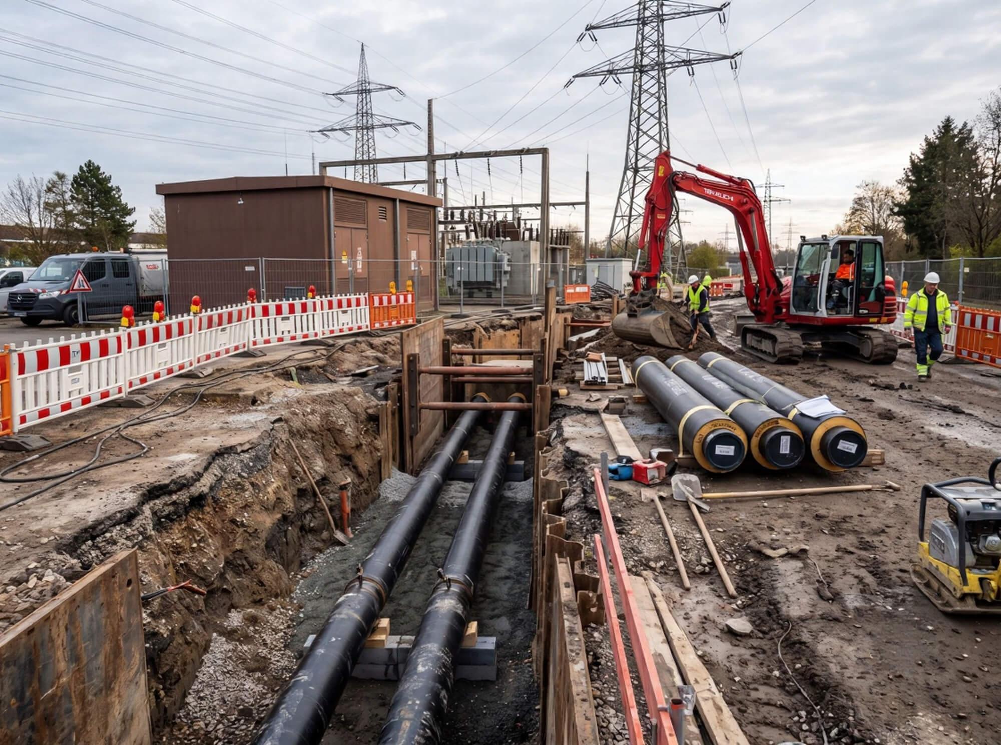 Fernwärmerohre im Rohrgraben und Verteilnetz-Infrastruktur als Symbol für KfW-finanzierte Energieprojekte