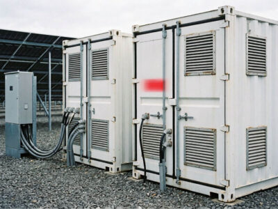 Batteriespeicher-Container neben Wechselrichterstation an einer Freiflächen-Solaranlage