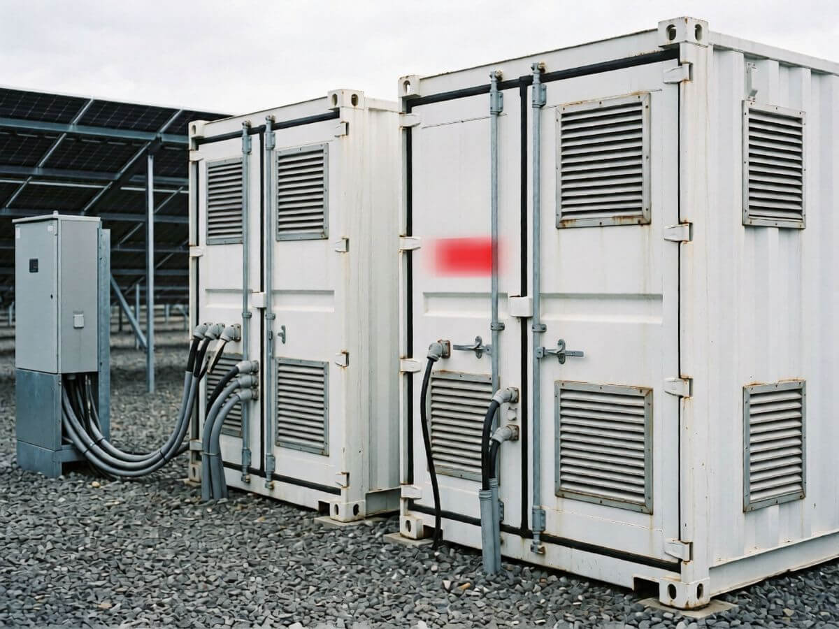 Batteriespeicher-Container neben Wechselrichterstation an einer Freiflächen-Solaranlage
