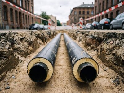 Neu verlegte Fernwärmeleitungen mit Dämmschicht in offenem Leitungsgraben einer innerstädtischen Baustelle