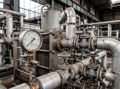 Plattenwärmetauscher mit gedämmten Rohrleitungen und Manometer in einer Produktionshalle als Beispiel für Abwärmenutzung