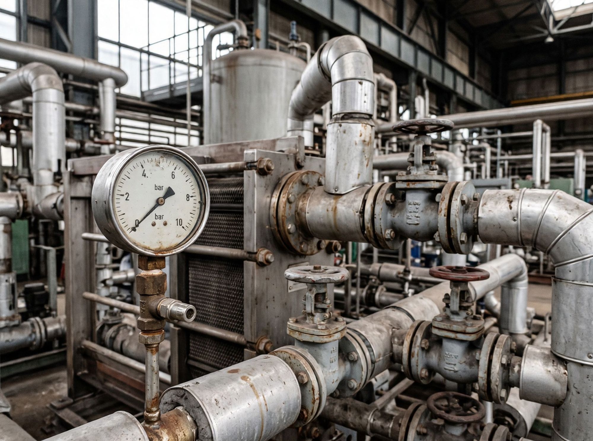 Plattenwärmetauscher mit gedämmten Rohrleitungen und Manometer in einer Produktionshalle als Beispiel für Abwärmenutzung