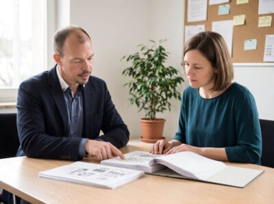 Qualifizierter Energieberater bespricht mit einer Umweltbeauftragten die Einführung eines EMAS-Umweltmanagements