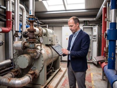 Fachplaner prüft Anlagendaten an einer Großwärmepumpe im Heizhaus eines Fernwärmenetzes