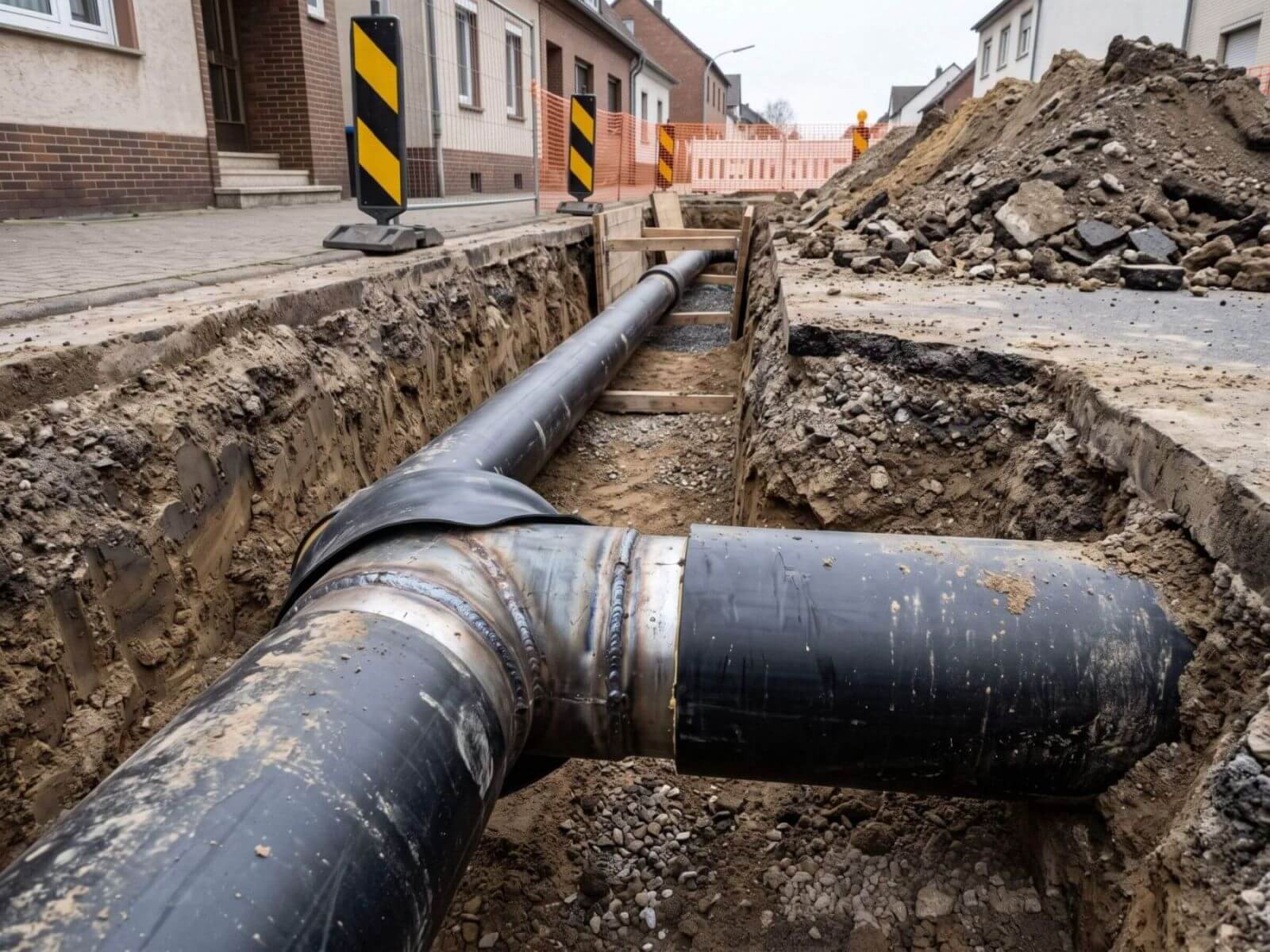 Gedämmte Fernwärmerohre mit Muffenverbindung in einer offenen Baugrube