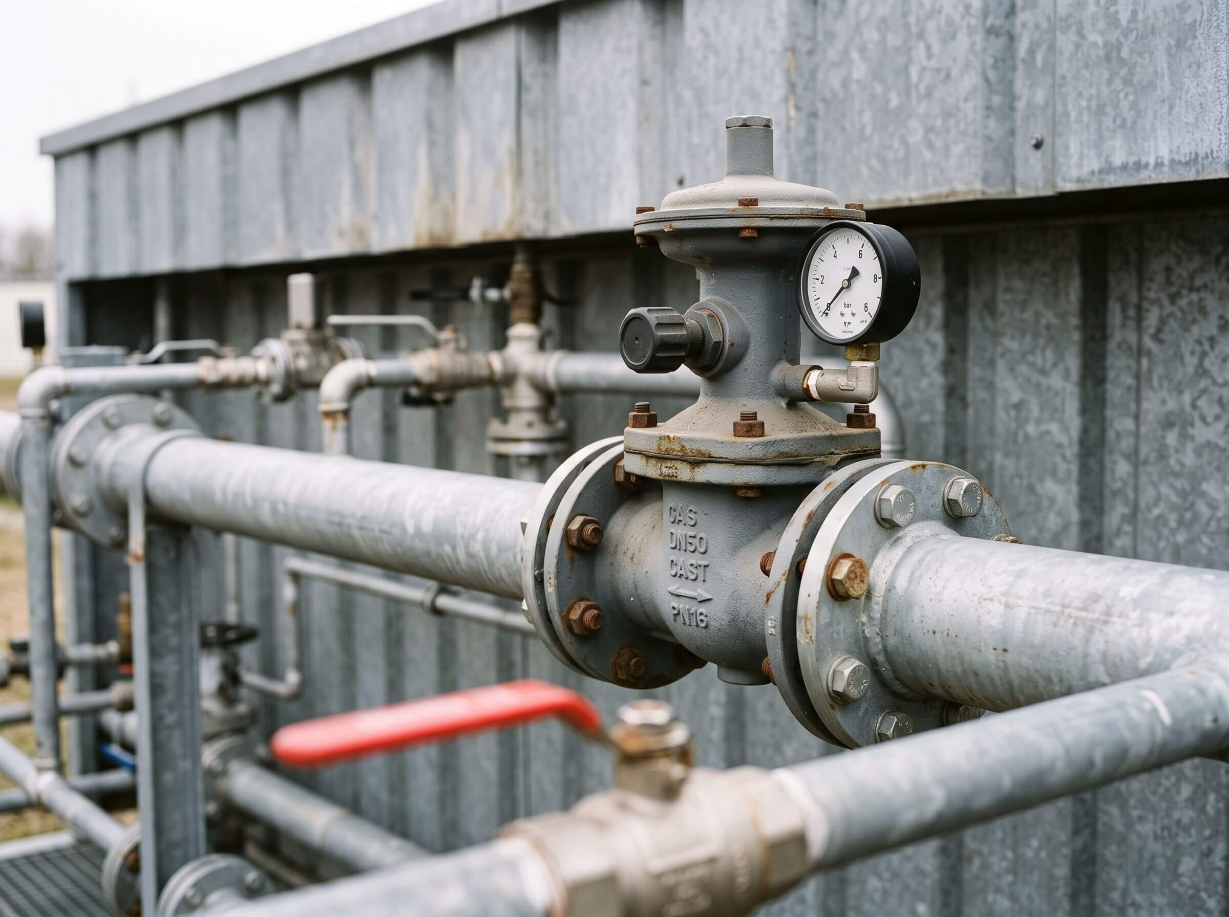 Regelventil und Manometer einer Gas-Druckregelstation im Detail
