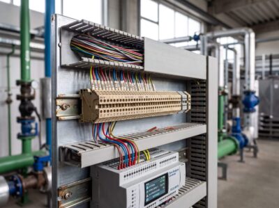 Detailaufnahme eines Schaltschranks der Gebäudeautomation mit Reihenklemmen und Automationsstation