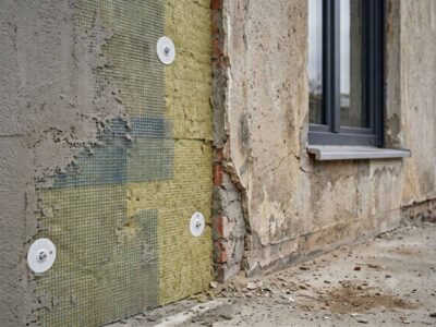 Teilsanierte Gewerbefassade mit neuer Dämmung neben unsaniertem Bestandsputz