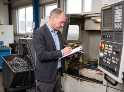 Fachmann prüft in einer Produktionshalle Unterlagen zur GRW-Investitionsförderung