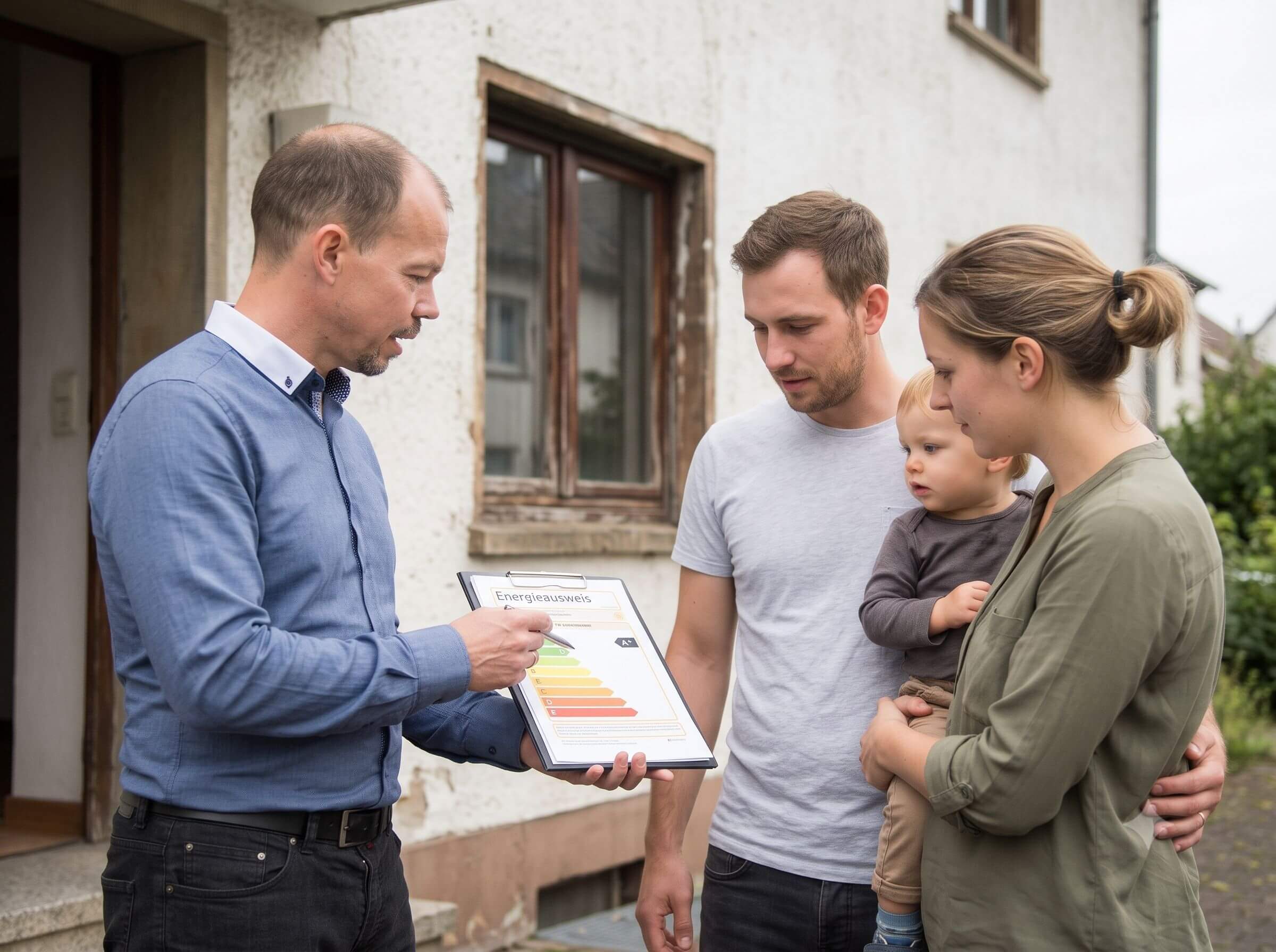 Energieberater bespricht Energieausweis mit junger Familie vor Altbau
