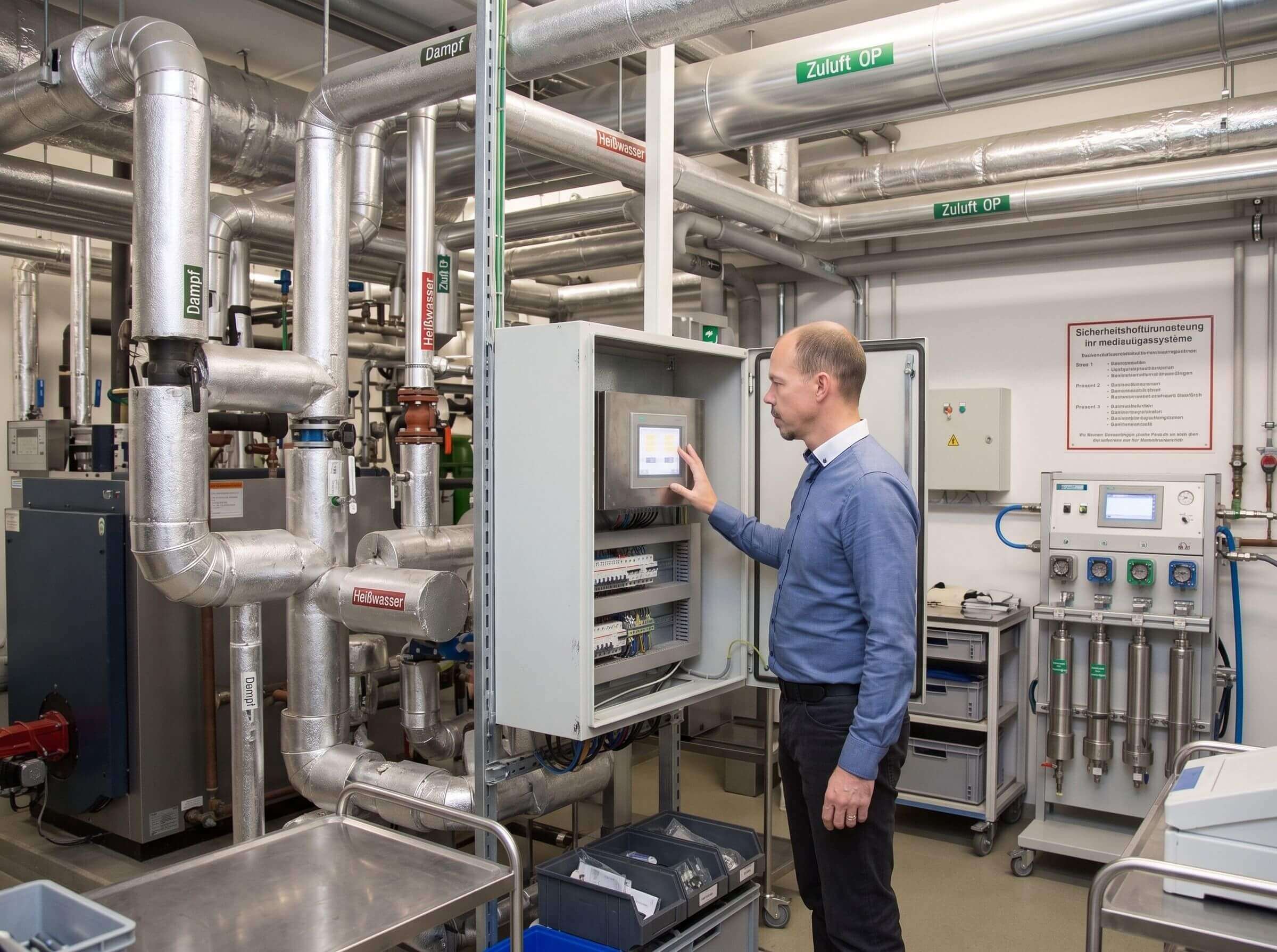 Techniker prüft Bedienpanel eines Lüftungsschaltschranks in der Technikzentrale eines Krankenhauses