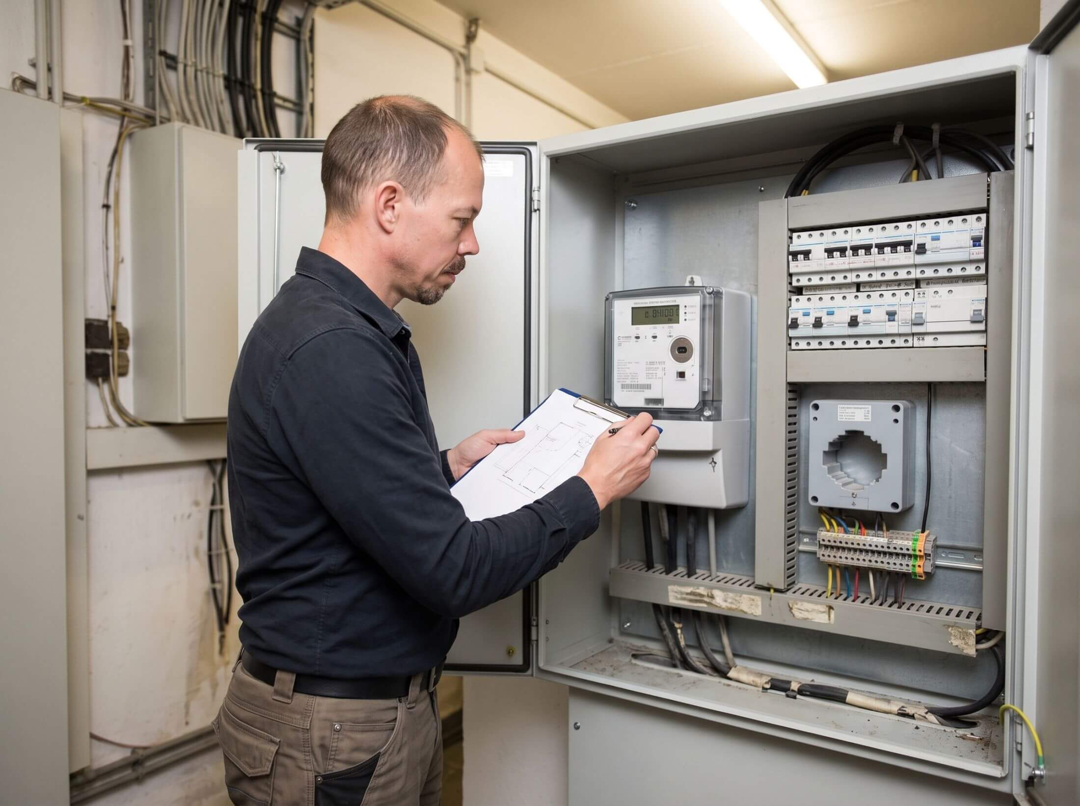 Techniker erfasst die Zählerstruktur an einem geöffneten Unterverteilerschrank