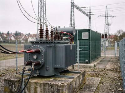 Leistungstransformator im Umspannwerk mit Batteriespeicher-Container im Hintergrund