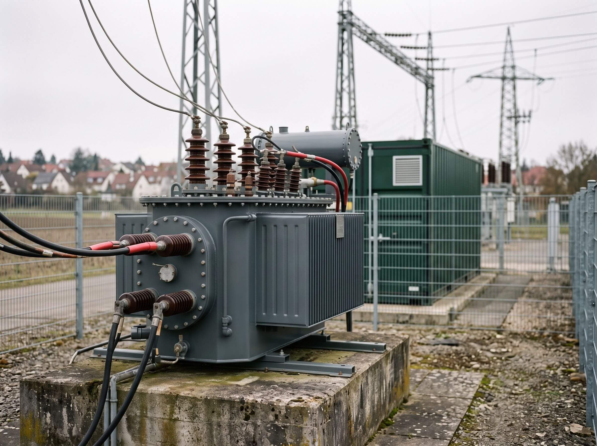 Leistungstransformator im Umspannwerk mit Batteriespeicher-Container im Hintergrund