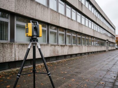 3D-Laserscanner auf Stativ vor der Fassade eines Verwaltungsgebäudes aus den 1970er-Jahren