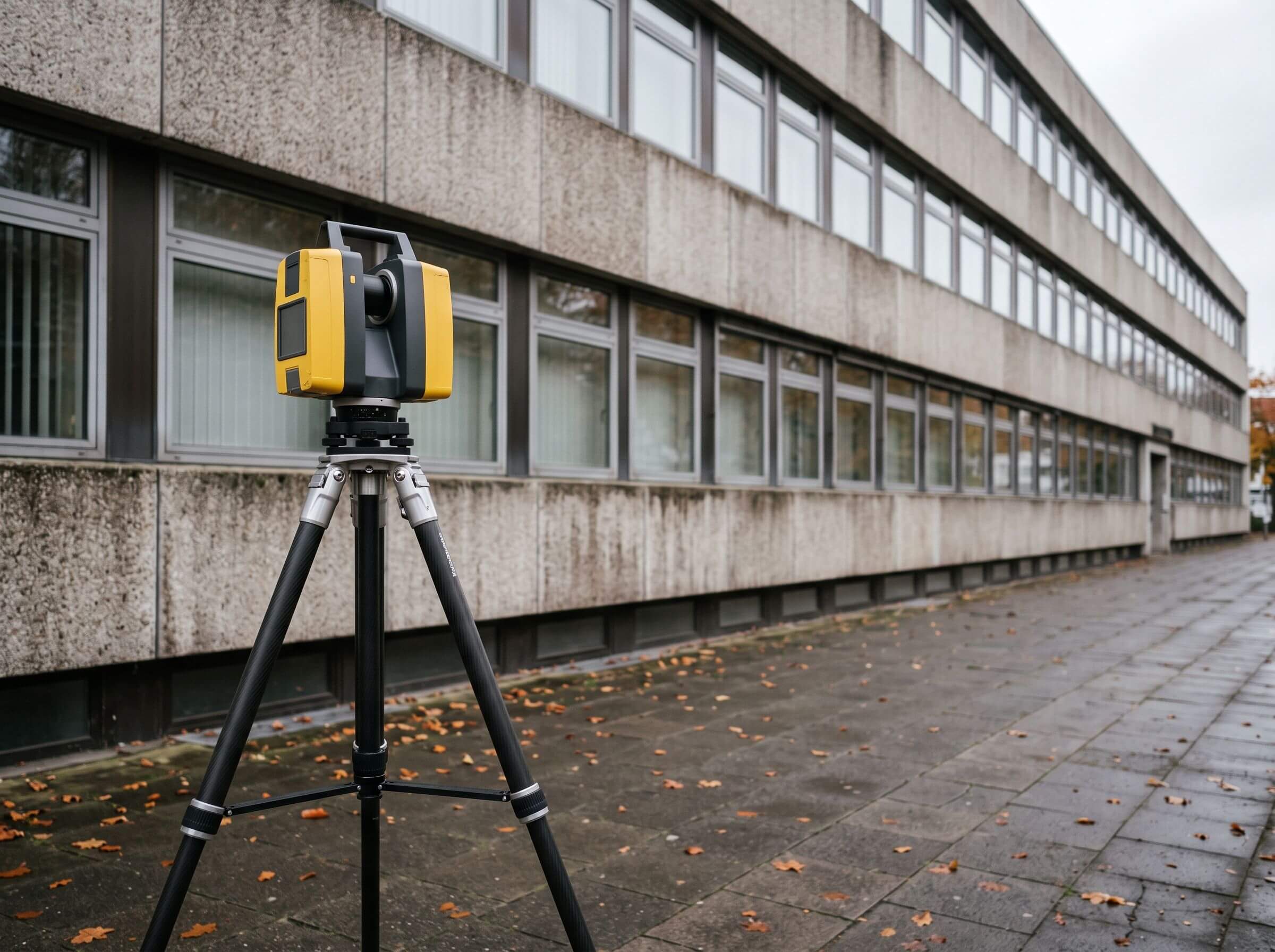 3D-Laserscanner auf Stativ vor der Fassade eines Verwaltungsgebäudes aus den 1970er-Jahren