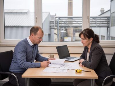 Zwei Personen prüfen an einem Besprechungstisch Unterlagen zur Abwärmenutzung nach dem Energieeffizienzgesetz