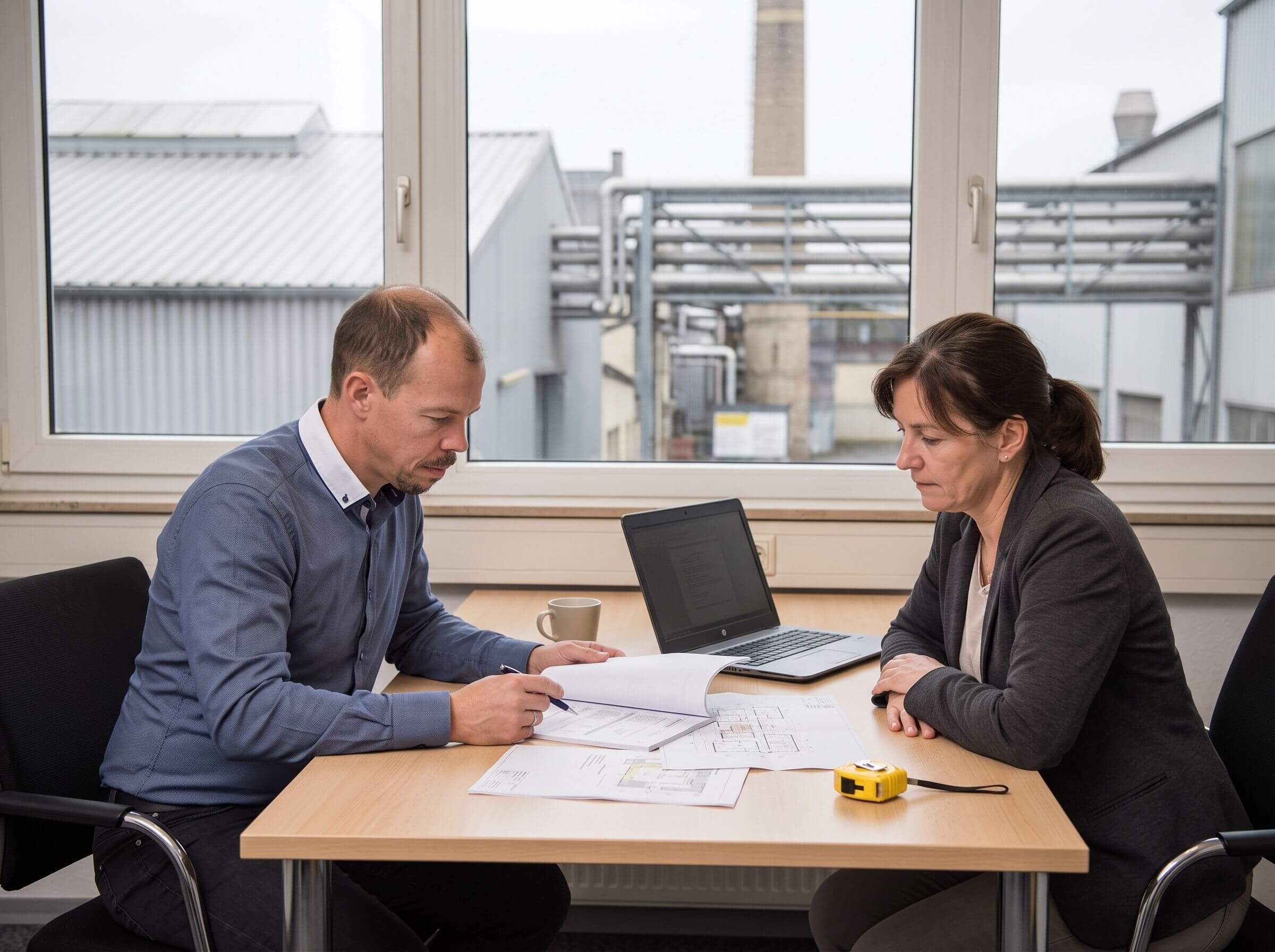 Zwei Personen prüfen an einem Besprechungstisch Unterlagen zur Abwärmenutzung nach dem Energieeffizienzgesetz