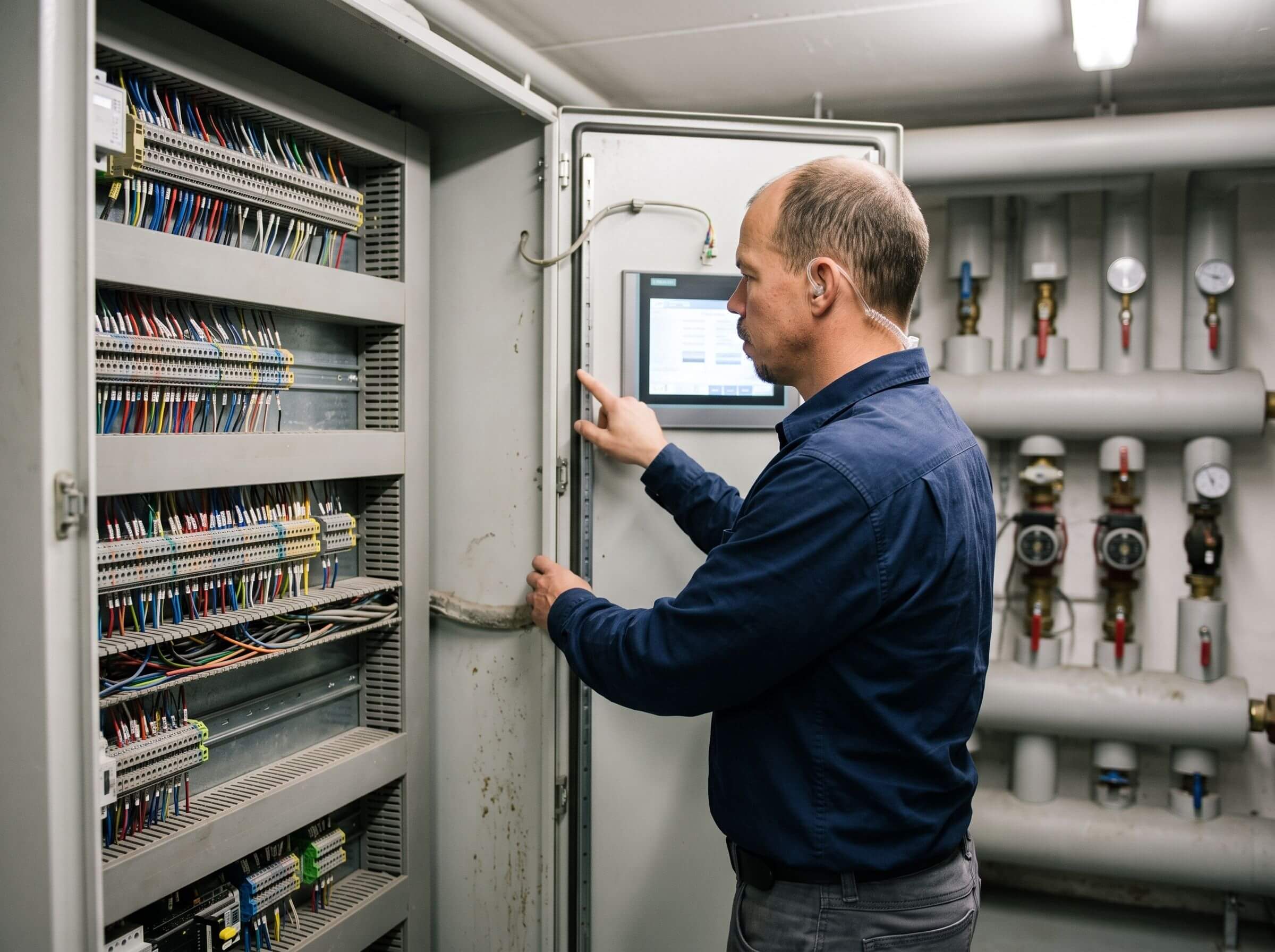 Fachplaner prüft Bedienterminal an einem Automationsschaltschrank in der Technikzentrale eines Nichtwohngebäudes