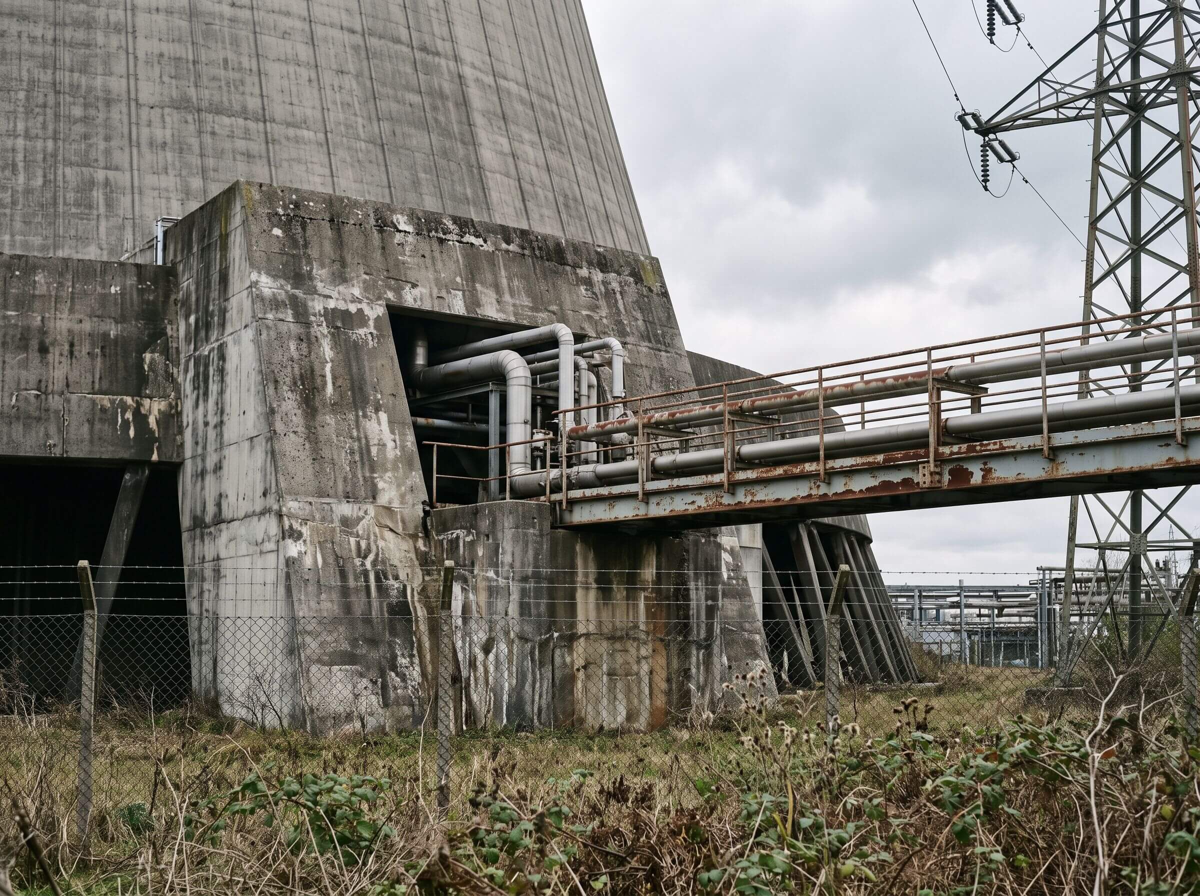 Kühlturm-Fuß und Rohrleitungen eines Kohlekraftwerks bei bedecktem Himmel