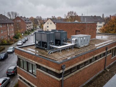 Flachdach eines kommunalen Verwaltungs- und Sportgebäudes mit Rückkühlern und Lüftungsgeräten bei bedecktem Himmel