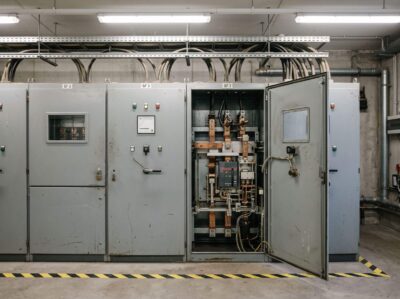 Mittelspannungs-Schaltanlage mit geöffnetem Schaltfeld in der Trafostation eines Industriebetriebs
